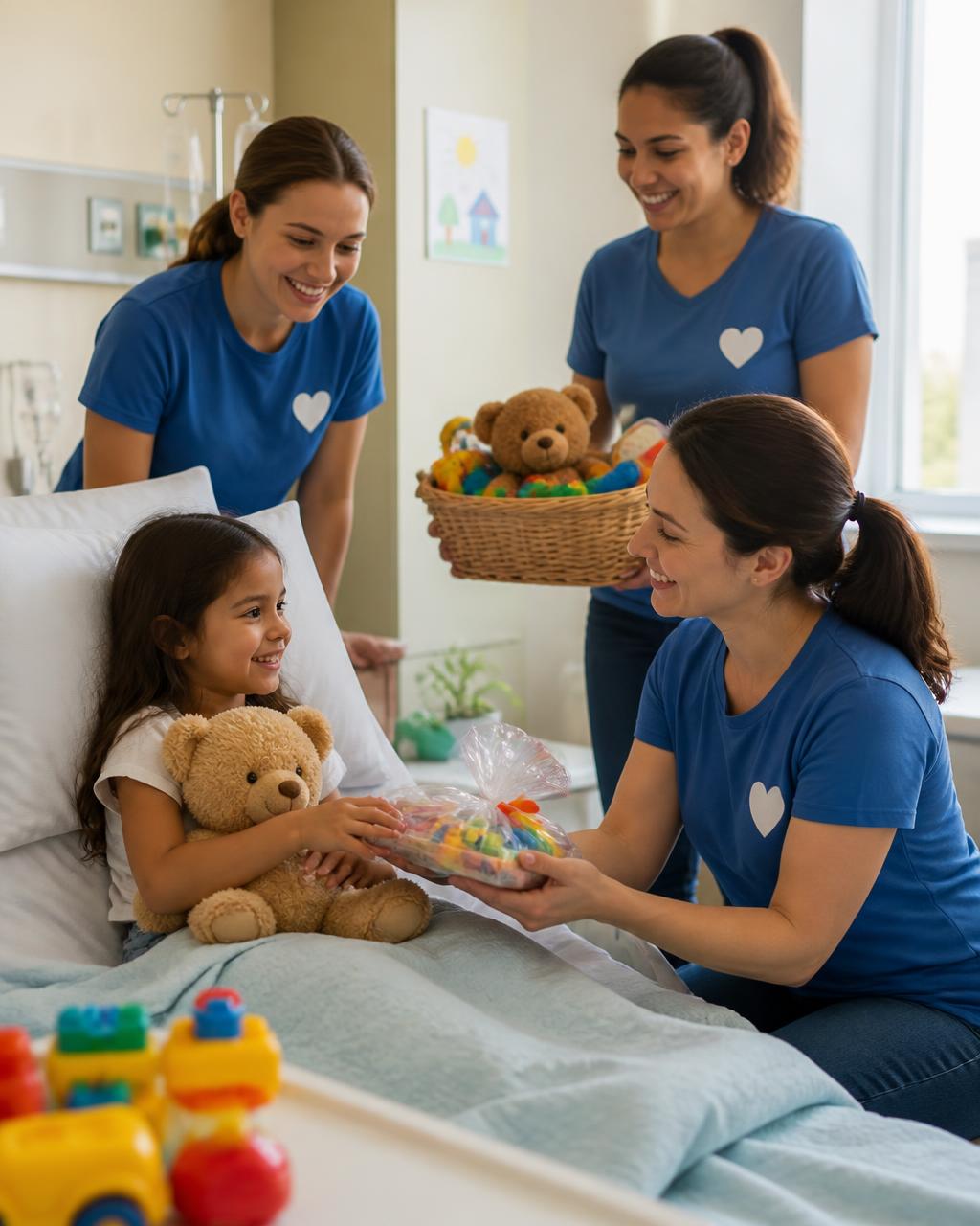 David's Legacy volunteers delivering toys and comfort items to a child in a hospital room