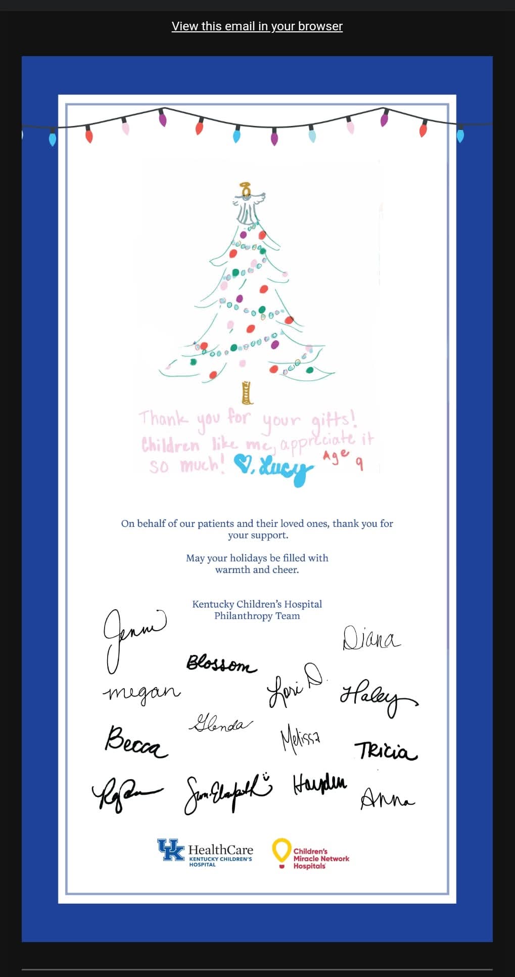 Hand-drawn thank you card from a nine-year-old patient and the Kentucky Children's Hospital philanthropy team