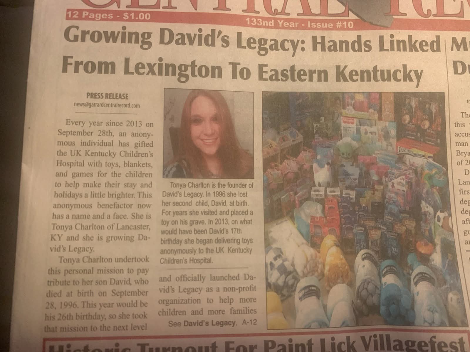 Newspaper feature about Tonya Charlton and David's Legacy in the Garrard Central Record